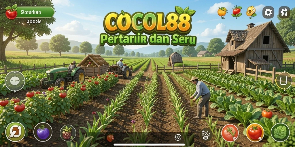 Screenshot utama COCOL88 menampilkan lahan pertanian yang subur dan aktivitas bercocok tanam.
