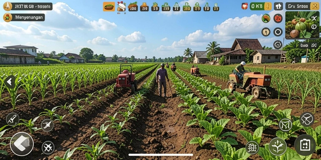 Screenshot gameplay JKT8 dengan ladang yang subur dan hewan-hewan peliharaan.