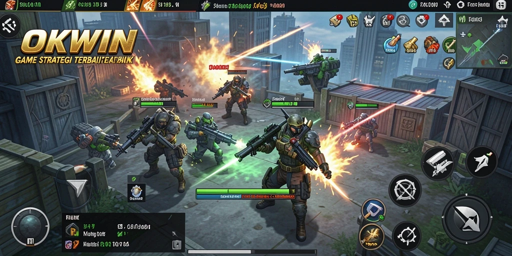 Screenshot menampilkan aksi intens dari gameplay strategi OKWIN.